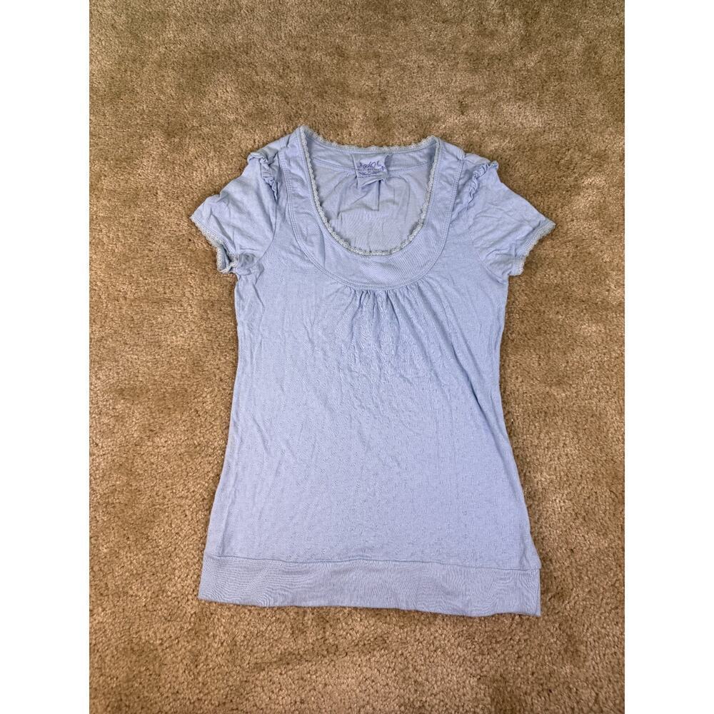 SO Wear It Declare It Size M Blue Cotton Short Sleeve Lace Fringe Top C804
